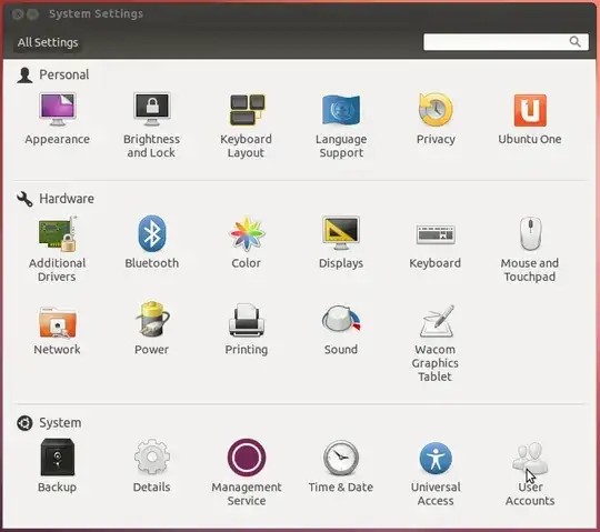 System Settings (GNOME Control Center), showing mouse pointer over "User Accounts"