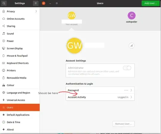 User account settings control panel with space for fingerprint UI
