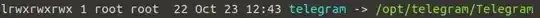 lrwxrwxrwx 1 root root  22 Oct 23 12:43 telegram -> /opt/telegram/Telegram