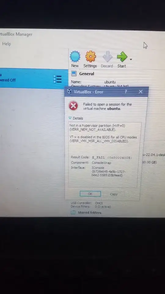 output when I try to start the virtual machine