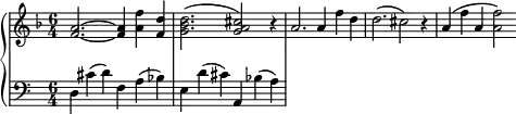 \language "english"{ \new PianoStaff << \new Staff \with{ \magnifyStaff #4/5 } \relative c' { \set Staff.midiInstrument =#"electric grand" \clef treble \key d \minor \time 6/4
<f a>2. ~<a f>4 <a f'> <f d'> <g bf d>2.( <g a cs>2) r4
a2. a4 f' d d2. (cs2) r4
a4 (f' a, <a f'>2)
} \new Staff \with{ \magnifyStaff #4/5 }\relative c{ \set Staff.midiInstrument = #"electric piano 1" \clef bass
d4 cs' (d) f,4 a (bf) e, d' (cs) a, bf' (a)} >> }