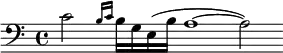  \relative c'{\set Staff.midiInstrument = #"fx 5 (brightness)"\clef bass\cadenzaOn  c2\grace { b16[c] } [b g e (b'] a1~a2) } 