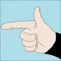 Turn or terminate the dive. The thumb points upwards to indicate ascent, and the forefinger points towards the exit from a penetration dive. This signal may also mean that is the way out.