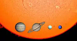 Four of the planets in front of the sun: Jupiter, Saturn, Uranus, and Neptune