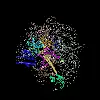 Computer generated image of POLR2A gene colorized subunits: green - RPB1 domain 1, blue - RPB1 domain 2, sand - RPB1 domain 3, light blue - RPB1 domain 4, brown - RPB1 domain 6, and magenta - RPB1 CTD.