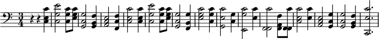 % Adding least one space before each line is recommended
{ \language "english" % Songs have the format <score>{lots of stuff}
\new PianoStaff <<
\new Staff \relative c \transpose g c{
\set Staff.midiInstrument = #"piano" \clef bass \time 3/4 \key g \major
r4 r4 <g g' b> % 1 A
<g d' b'>2 <g g' d'>8 <b g' d'>8 % 2 mazing
<d g d'>2 <d fs c'>4 % 3 grace h ow
<e g b>2 <c g c'>4 % 4 sweet the
<g g' b>2 <g g' b>4 % 5 sound that
<g d' b'>2 <g g' d'>8 <b g' d'>8 % 6 saved a
<d g d'>2 <c fs d'>4 % 7 wretch like
<b g' d'>2 <g g' d'>4 % 8 me I
<g' b d>2 <g d'>4 % 9 once was
<b, g' d'>2 <b g'>4 % 10 lost but
<c g' c>2 <c e c'>8 <c g' c>8 % 11 now am
<g g' b>2 <b g'>4 % 12 found, was
<e g b>2 <d g d'>4 % 13 blind, but
<d g d'>2 <d fs c'>4 % 14 now I
<g, g' b>2. % 15 see
} >> }